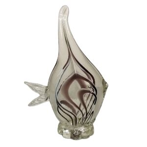 Hand Blown Art Glass Tropical Fish Paperweight Brown‎ White Inside on Pedestal
